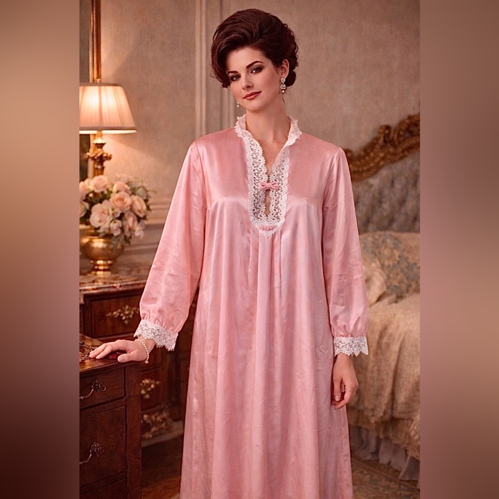 *Vintage Christian Dior satin caftan- peachy pink, coral color with cream lace